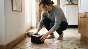 A homeowner placing ready to use mouse bait kits neatly beside kitchen skirting boards.