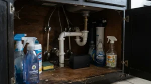 Fitting ready to use mouse bait kits securely under a domestic kitchen sink cabinet.