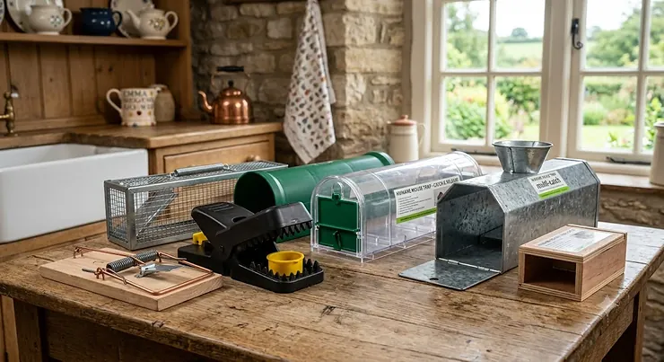 A collection of humane and traditional reusable mouse traps suited for British homes.
