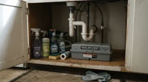 Child and pet safe mouse traps placed neatly under a kitchen sink alongside cleaning supplies