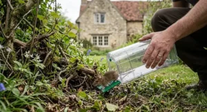 Releasing a live mouse into a hedgerow using a humane reusable mouse trap.
