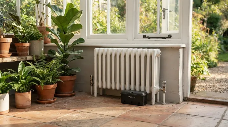 Child and pet safe mouse traps positioned behind a radiator in a sunny conservatory
