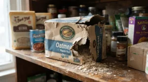 Visualizing chew marks on packaging in a pantry, a common reason to research the best mouse poison