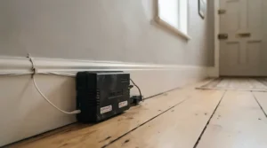 A locked tamper-proof mouse bait station positioned in a domestic setting