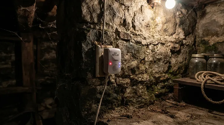 An ultrasonic mouse repeller mounted on a stone wall in a damp Victorian cellar