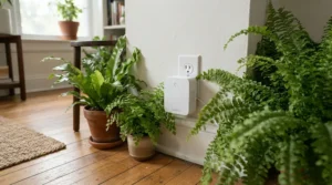 An ultrasonic mouse repeller plugged in near houseplants inside a sunny glass conservatory