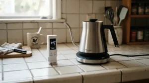 An ultrasonic mouse repeller positioned near kitchen units for effective ultrasonic pest control