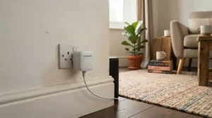 An ultrasonic mouse repeller plugged into a wall socket in a modern British living room