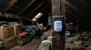 An ultrasonic mouse repeller deployed in a dusty loft using a sound wave mouse deterrent