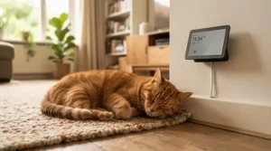 A cat resting peacefully near a plugged-in ultrasonic mouse repeller addressing pet safety concerns