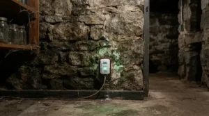A basement corner featuring a device during ultrasonic vs electronic mouse repellents evaluations
