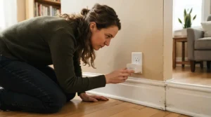 A homeowner checking indicator lights for ultrasonic vs electronic mouse repellents plugged in low
