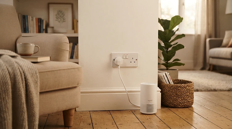 A plug-in device set up in a living room to show ultrasonic vs electronic mouse repellents in action