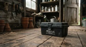 Weatherproof mouse bait blocks placed inside a secure bait box in a British garden shed