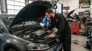 Mechanic inspecting a clean engine bay where a mouse deterrent for car engine has successfully prevented pest nesting.