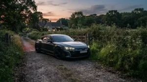 A hatchback parked near countryside fields using a battery-powered mouse deterrent for car engine.