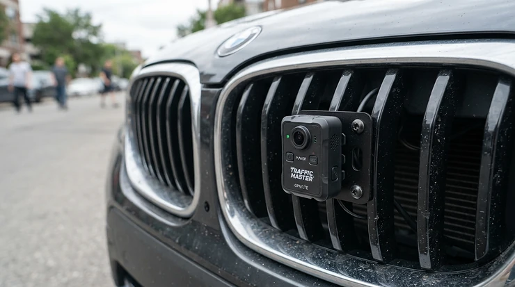 An ultrasonic mouse deterrent for car engine mounted neatly near the radiator grille.