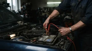 An under-bonnet installation of a mouse deterrent for car engine showing the compact electronic unit connected to the battery.