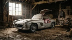A classic car stored in a winter garage setup equipped with a dedicated mouse deterrent for car engine.