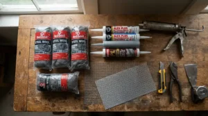 Various mouse proofing supplies and heavy-duty rodent proofing products arranged neatly on a wooden workbench.