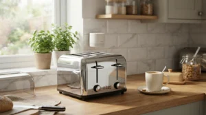 A modern mouse repellent for kitchen worktops positioned discretely behind a stainless steel toaster appliance.