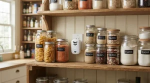 An effective mouse repellent for kitchen food storage, sitting safely beside glass jars and spice racks on a wooden shelf.