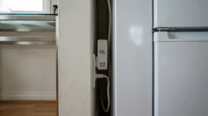 A discreet mouse repellent for kitchen appliances, tucked safely into the narrow gap beside a tall refrigerator.
