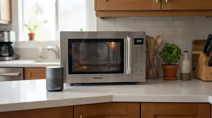 A safe mouse repellent for kitchen counter spaces, placed unobtrusively near a microwave oven.