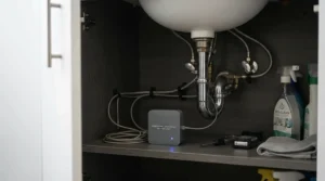 A discreet mouse repellent for kitchen setup placed neatly under a modern white sink cabinet next to cleaning supplies.