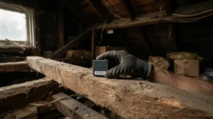 Installing a modern mouse repellent for loft spaces near exposed timber roof trusses.