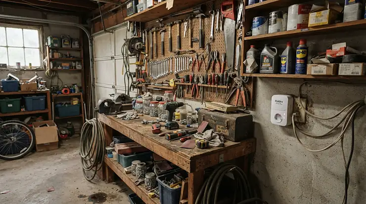 Multi pack ultrasonic pest repellers active in a garage workspace utilising bulk ultrasonic devices