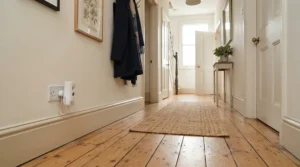 Multi pack ultrasonic pest repellers shown alongside a hallway illustrating coverage per unit