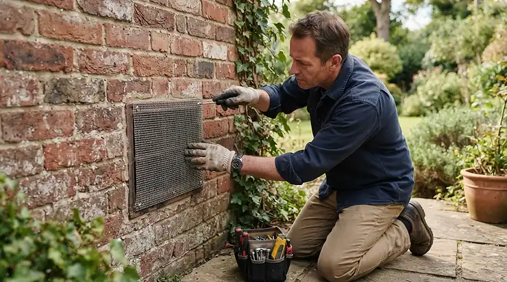 Specialised rodent proofing products installed over an exterior brick wall vent to stop mice entering.