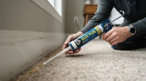 Essential rodent proofing products being applied along a typical British living room skirting board to seal gaps.