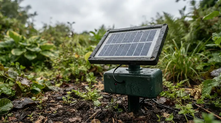 The solar panel on a solar mouse repeller for garden areas charging up during an overcast afternoon.