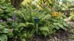 Discreet placement of a solar mouse repeller for garden shrubbery and herbaceous perennial borders.