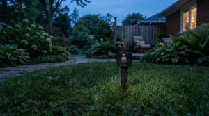 A solar mouse repeller for garden protection working through the night with internal battery storage.