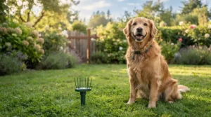 A family dog playing safely near a solar mouse repeller for garden boundaries in the backyard.