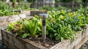 Protecting homegrown crops using a solar mouse repeller for garden vegetable patches in an allotment.
