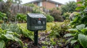 A weatherproof solar mouse repeller for garden borders operating steadily during a light British drizzle.