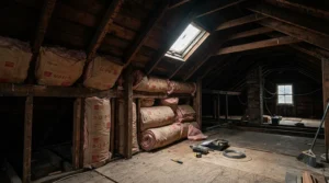 Attic insulation area illustrating steel wool vs expanding foam for mice around roof eaves.