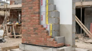 Cavity wall maintenance depiction using steel wool vs expanding foam for mice in domestic brickwork.