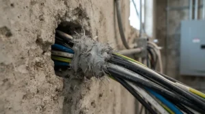 Electrical entry point showing steel wool vs expanding foam for mice applied safely around cables.