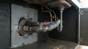 Kitchen pipework sealed with steel wool vs expanding foam for mice to prevent house mouse access.