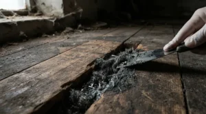 An underfloor utility space demonstrating steel wool vs expanding foam for mice to block rodent entry routes.